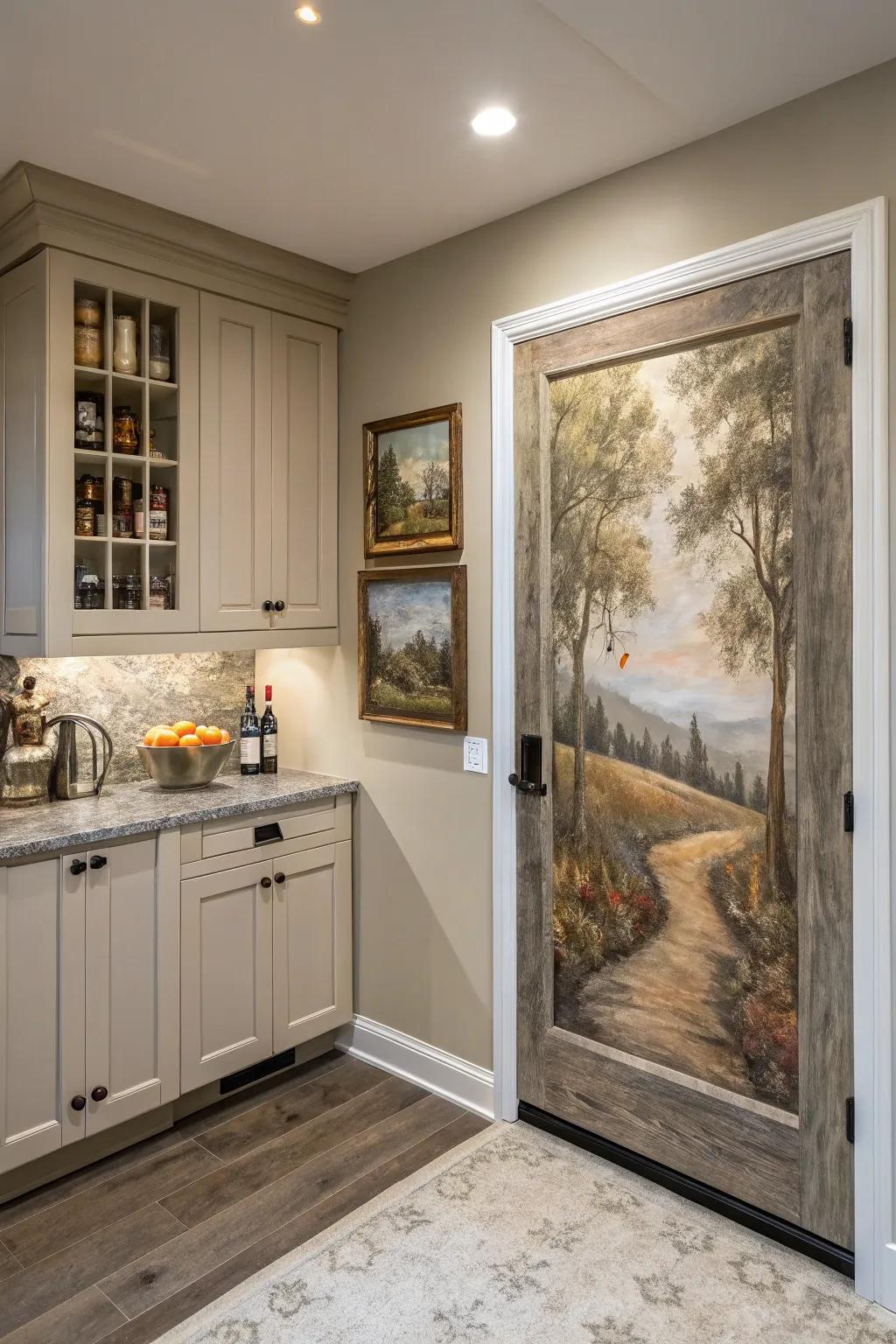 A hidden pantry creatively disguised as art in a kitchen setting.
