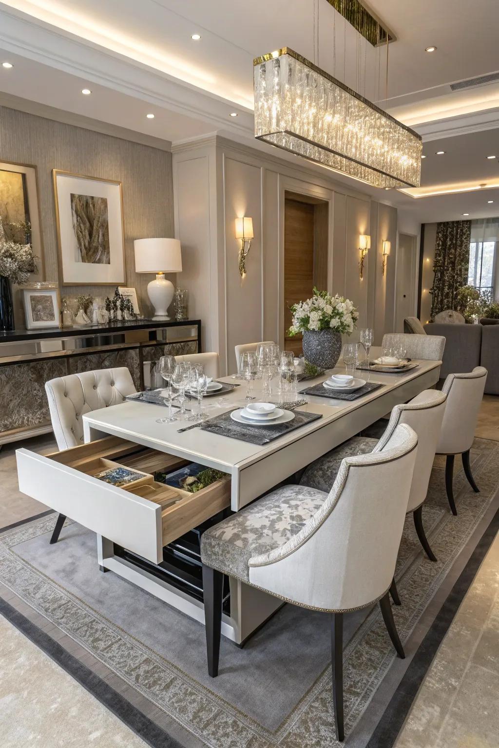 Convertible dining table featuring hidden storage