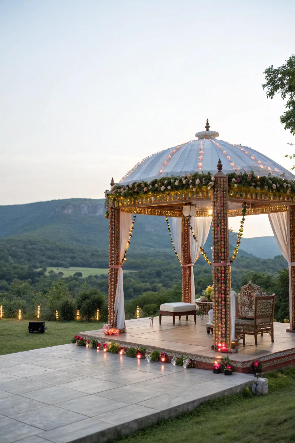 An open-air mandap harmoniously blending with nature.