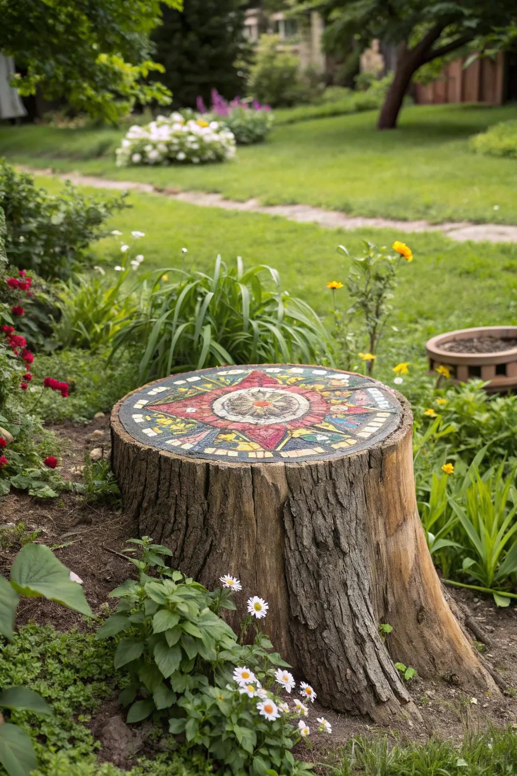 A vibrant tile pattern transforms a tree stump into a work of art.