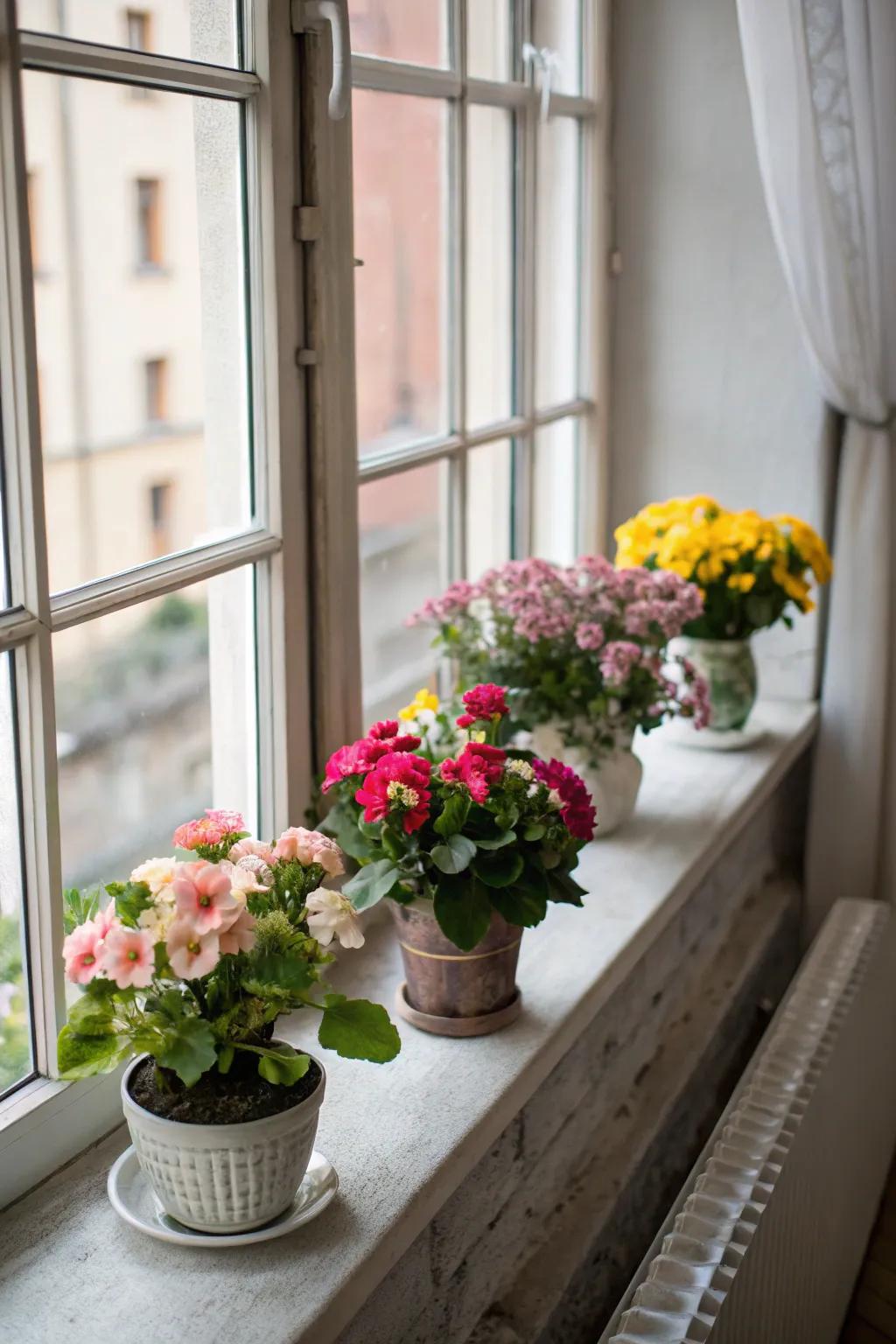 Window ledges awaken with compact floral displays.