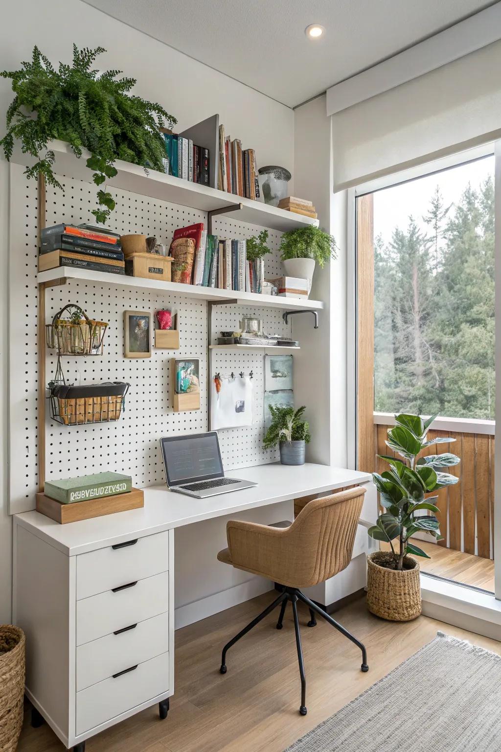 Vertical storage solutions maintain an organized and efficient space.
