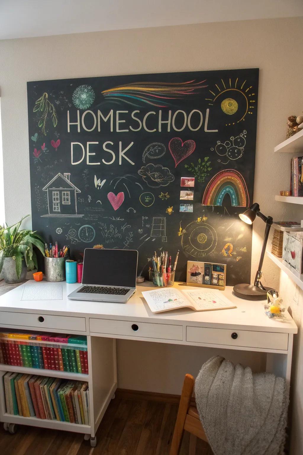 A chalkboard wall inspires creativity.