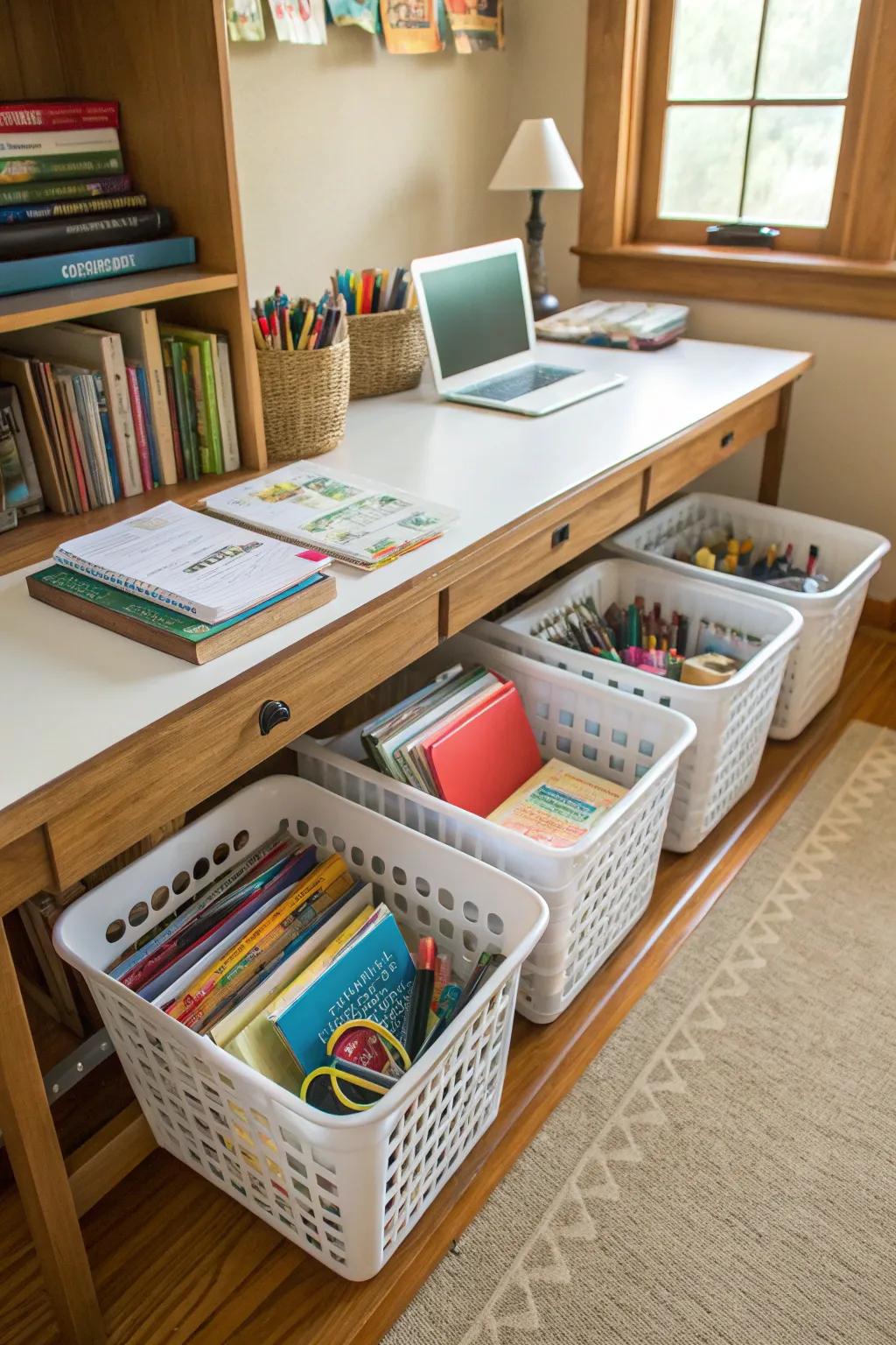 Under-table storage maximizes space and keeps supplies hidden yet accessible.