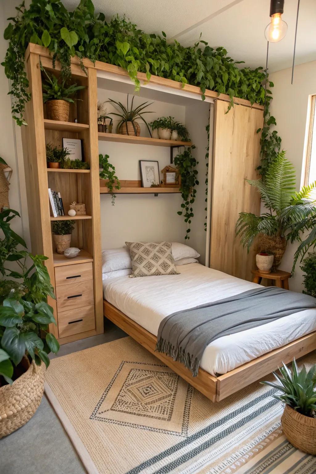 A city garden setup using a convertible bed, taking a refreshing touch of nature inside your home.