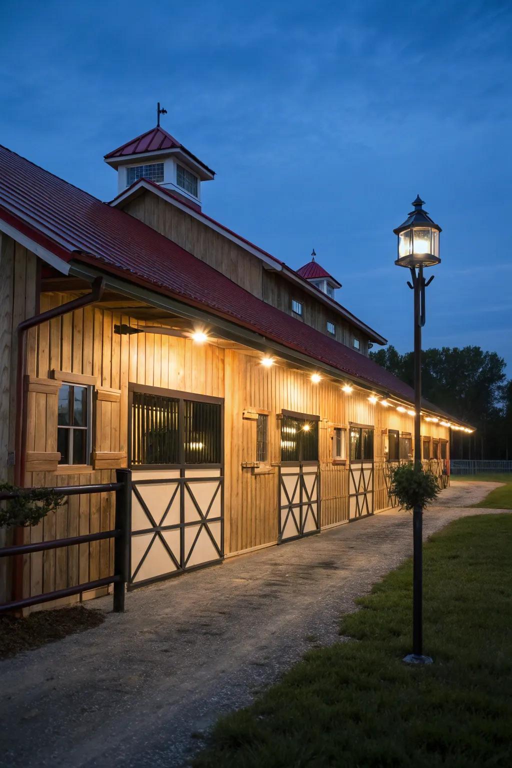 Sun lights provide eco-friendly illumination for the barn exterior.