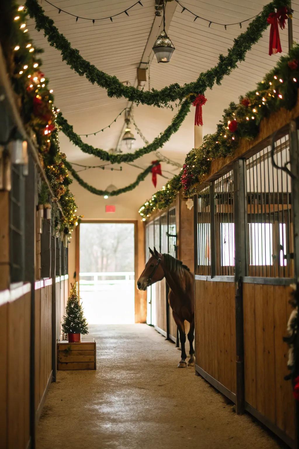 Festive garlands give the stall a joyful ambiance.