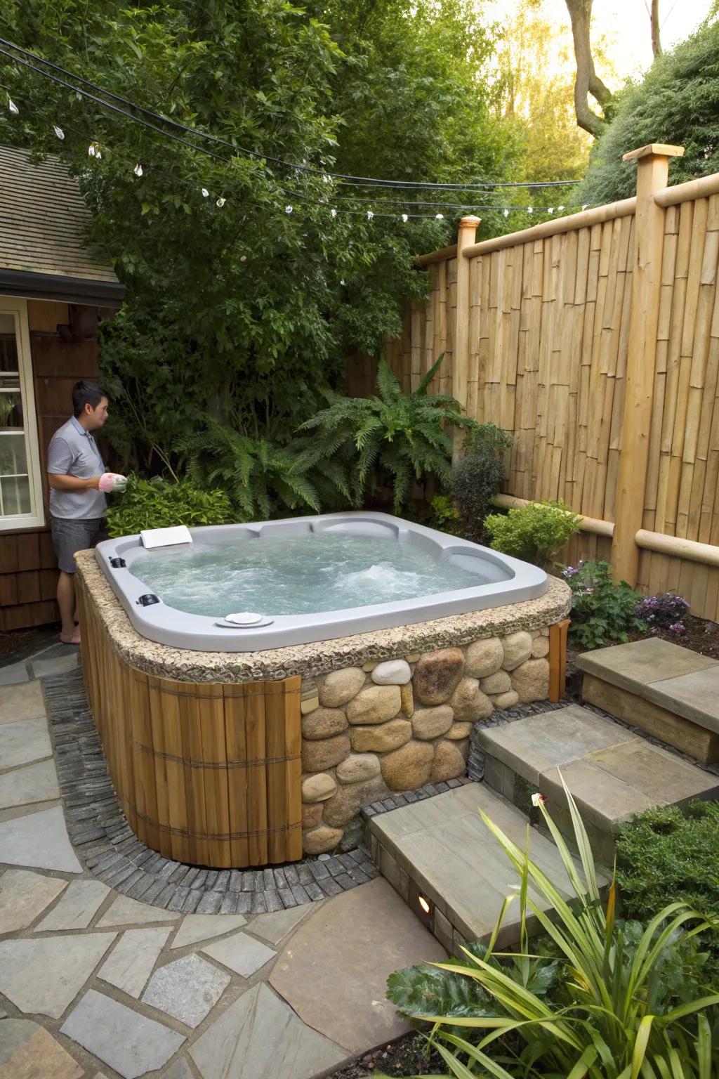 Distinctive materials such as stone and cane fashion a distinguishable hot tub aesthetic.