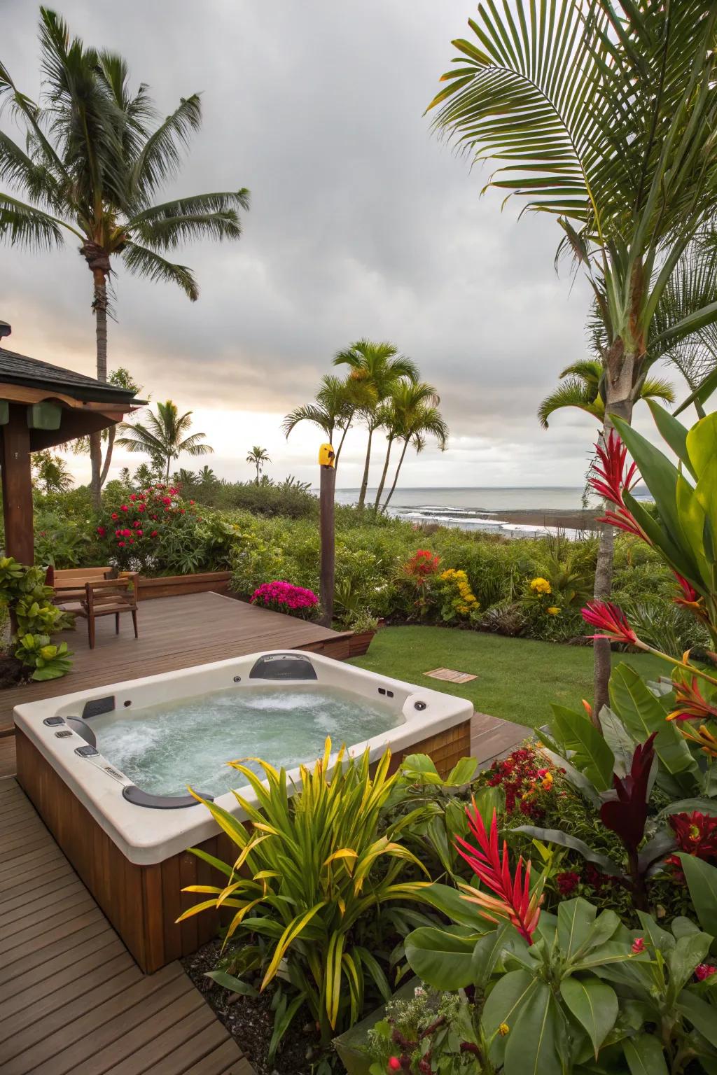 Escape to a tropical getaway using rich plants around your hot tub.