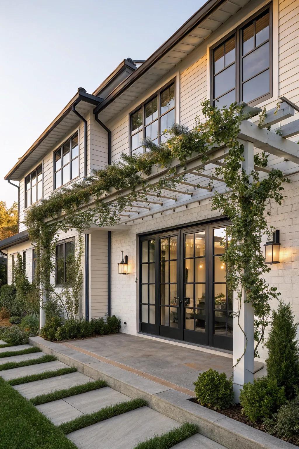 A pergola adds both style and function to the facade.