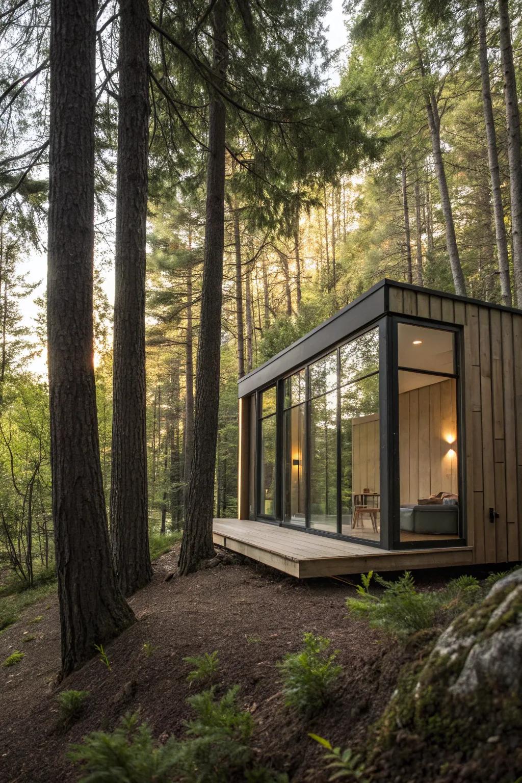 A minimalist pod offering a simple yet stylish forest retreat.