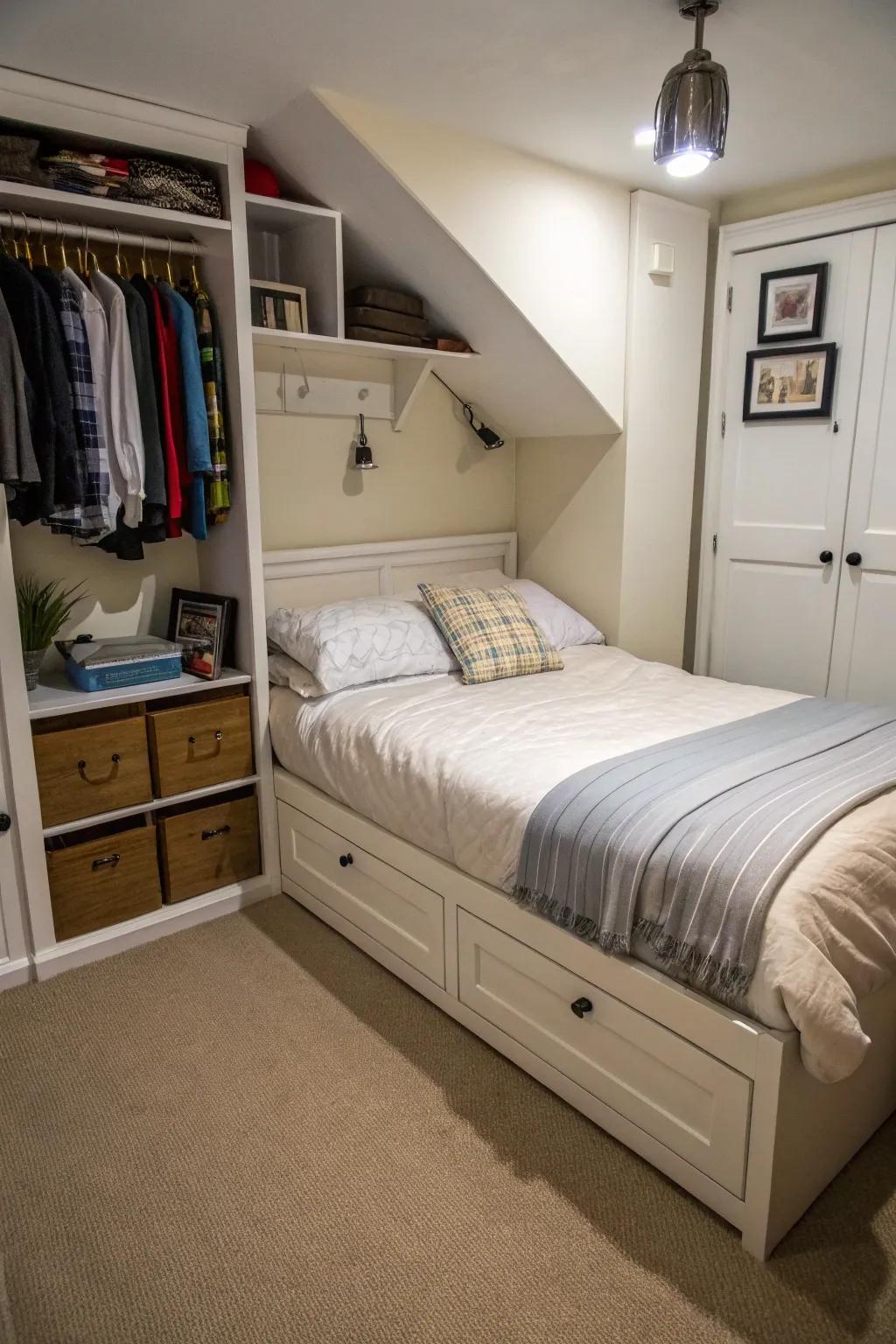 Concealed storage under the bed keeps this small bedroom organized and free of clutter.