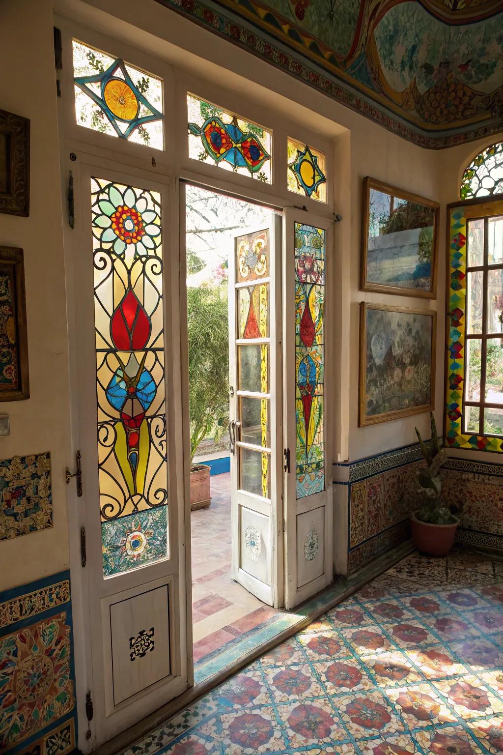 Stained glass panels introduce an artistic and colorful dimension to French doors.