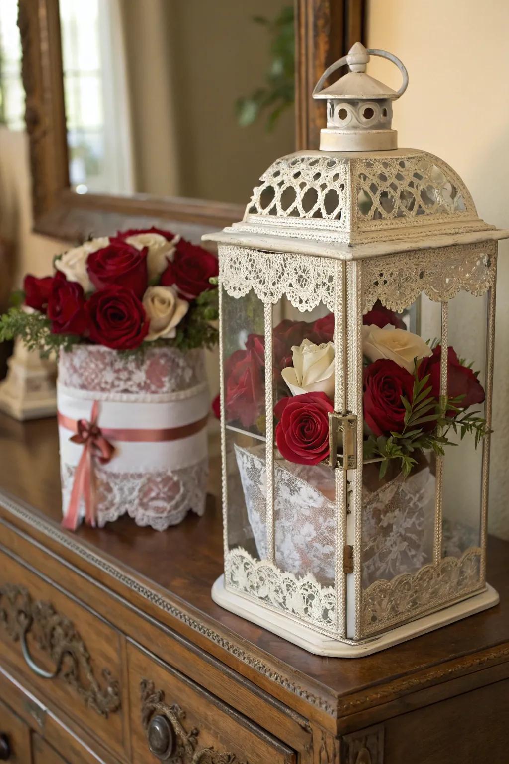 Romantic vintage lantern with lace and roses.