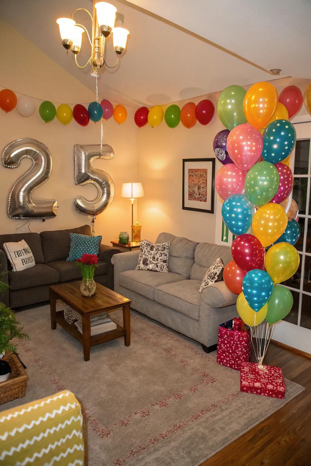 Balloon designs and numerals personalize the decor and turn into a focal feature.