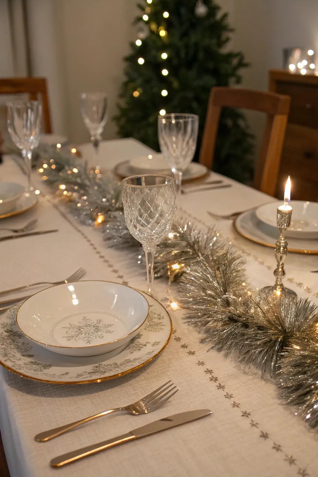 A dining table featuring a shimmering tinsel garland runner.