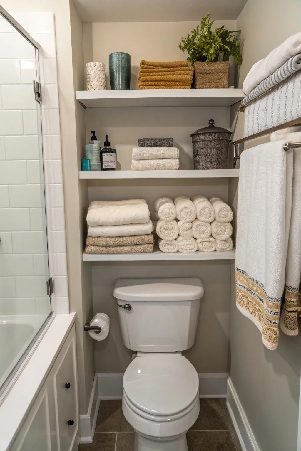 Shelves above the toilet maximize vertical space for towels.
