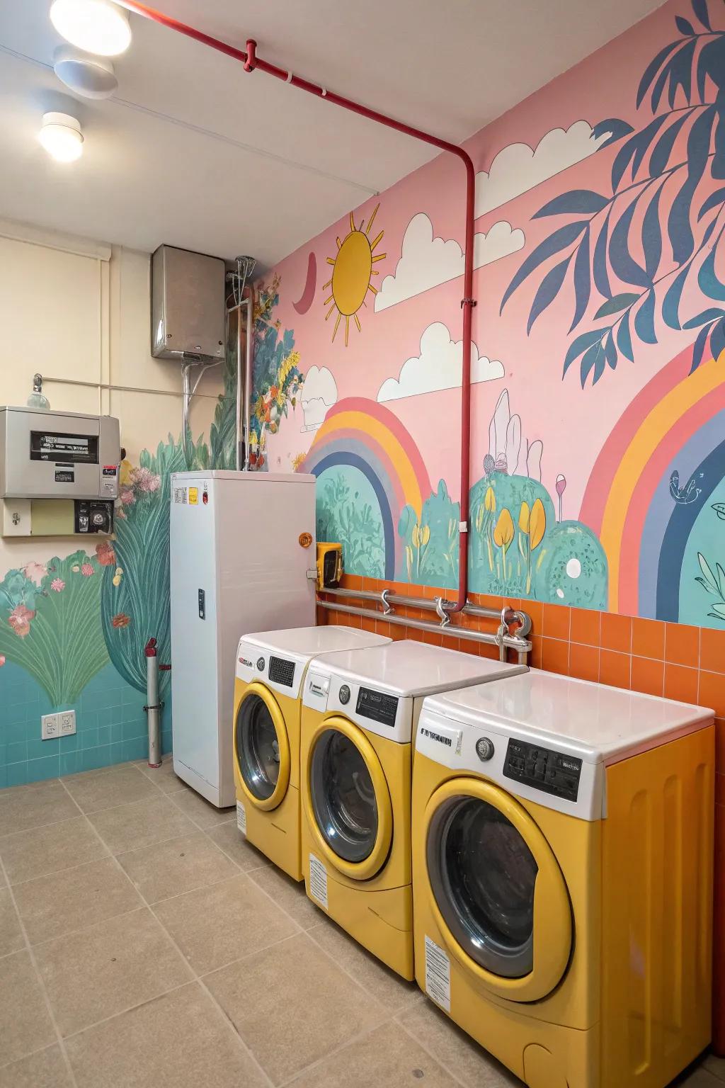 Wall murals add charm and distract from appliances.