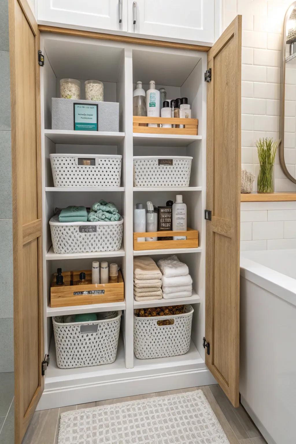 A modular shelf unit inside a cabinet offers flexible storage options.