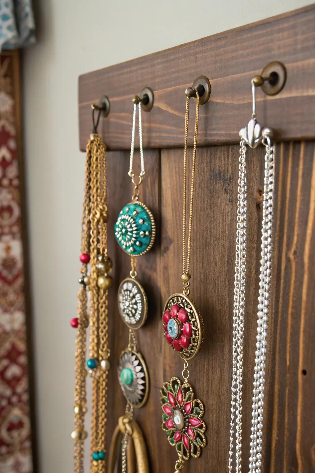 Employ decorative pulls for a joyous jewelry display.