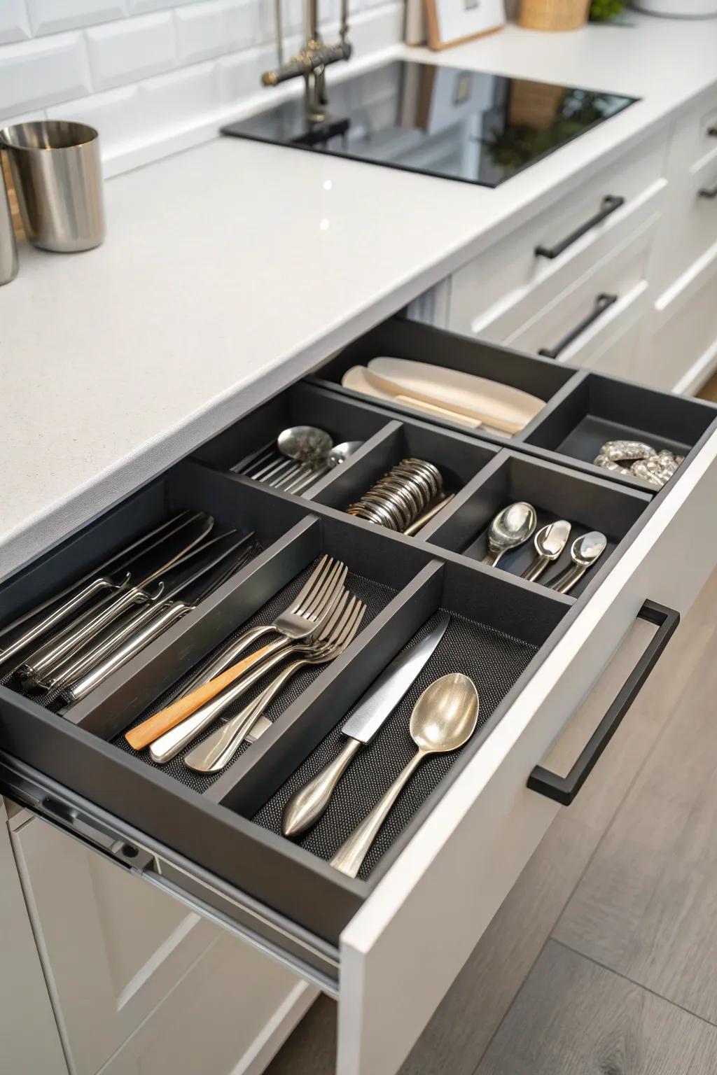 Angled storage maximizing drawer space.
