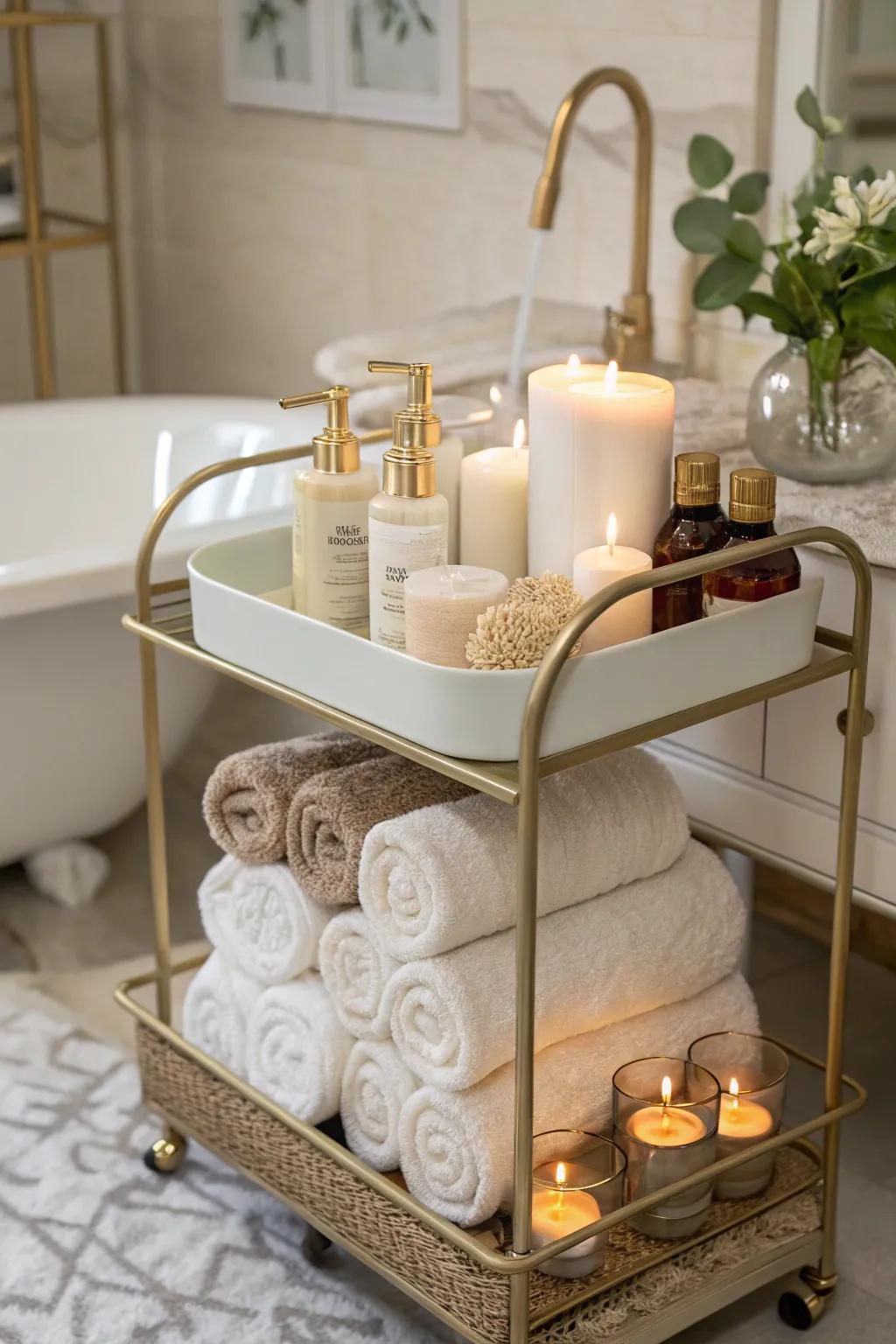 A bathroom trolley maintains orderly and stylish arrangement of essentials.