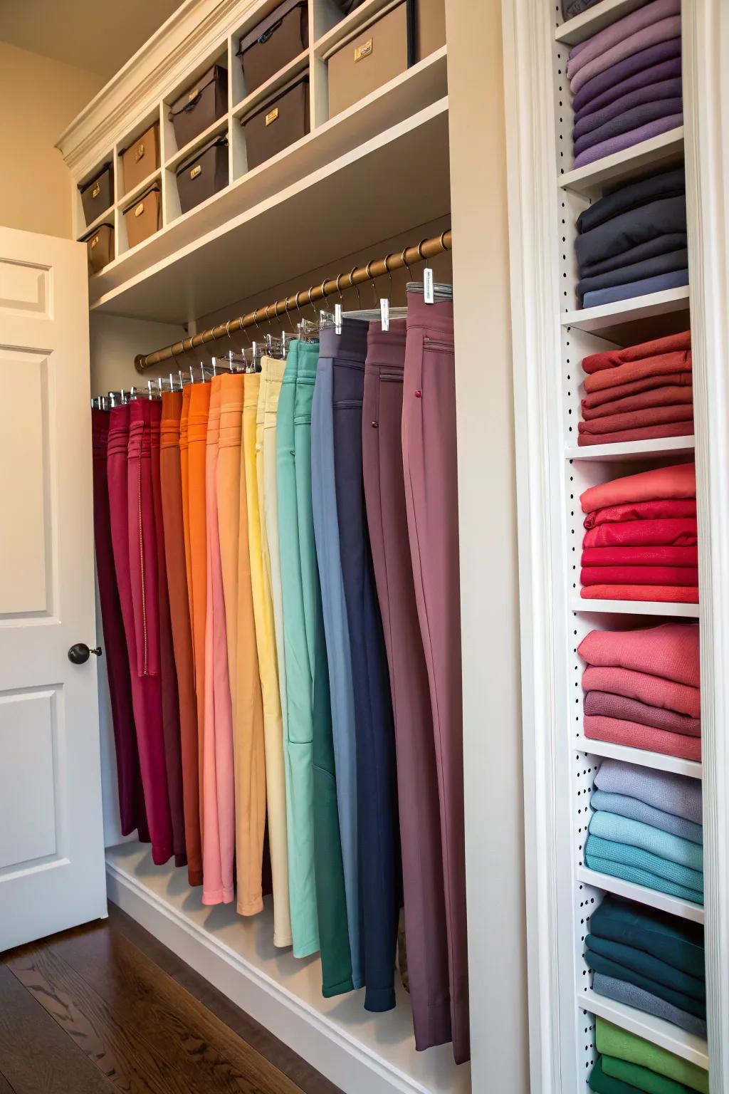 Add vibrancy with a color-coordinated leggings storage system.