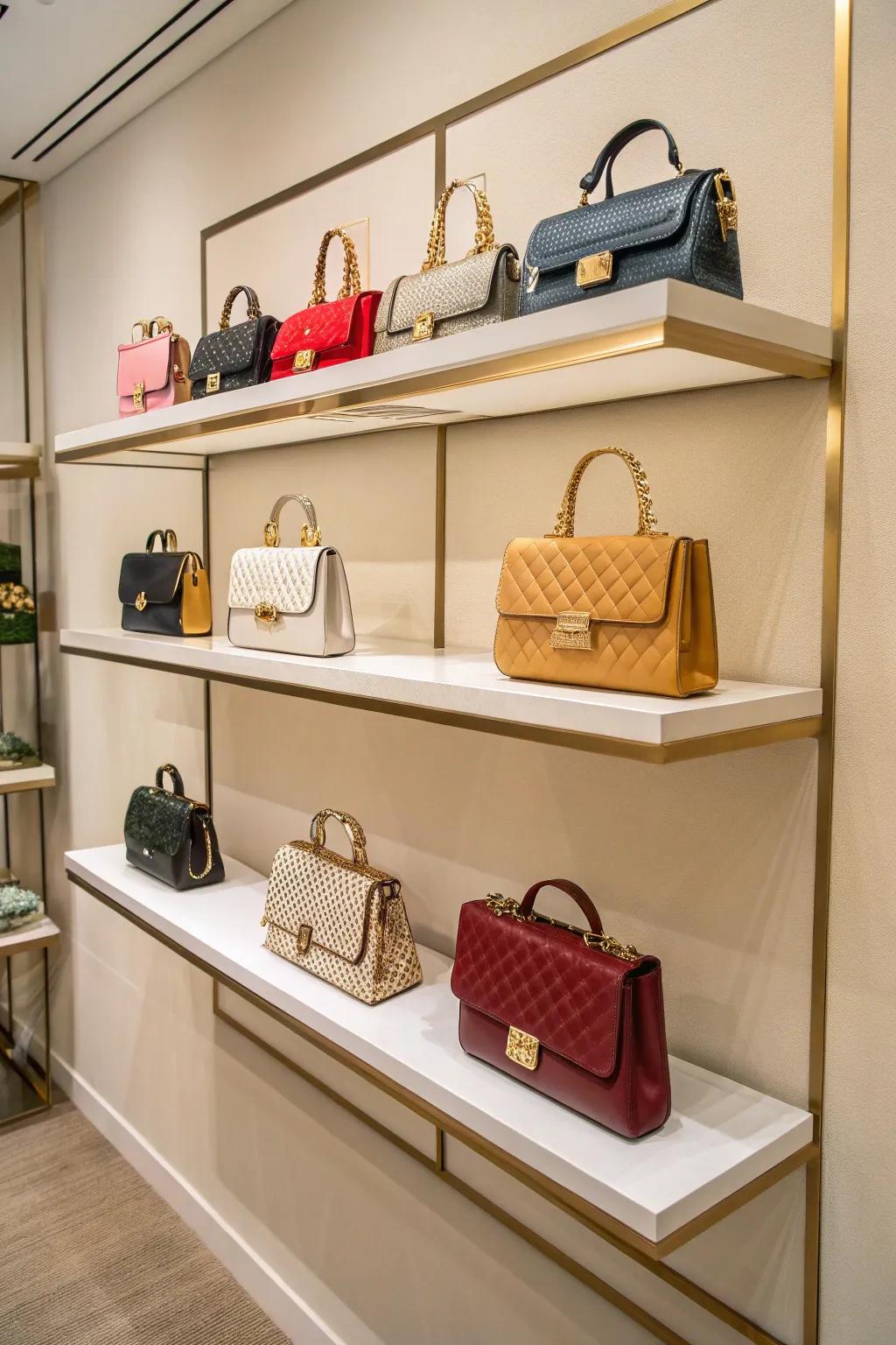 Wall-mounted platforms elegantly displaying handbags in a contemporary setting.