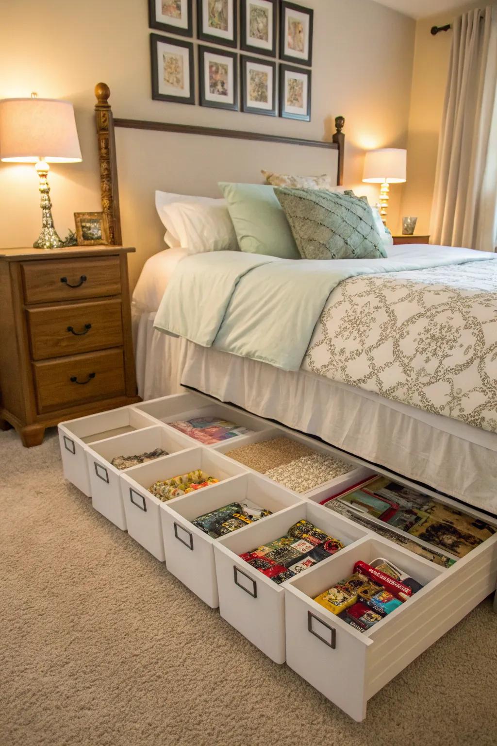 Under-bed storage keeping puzzles tucked away.