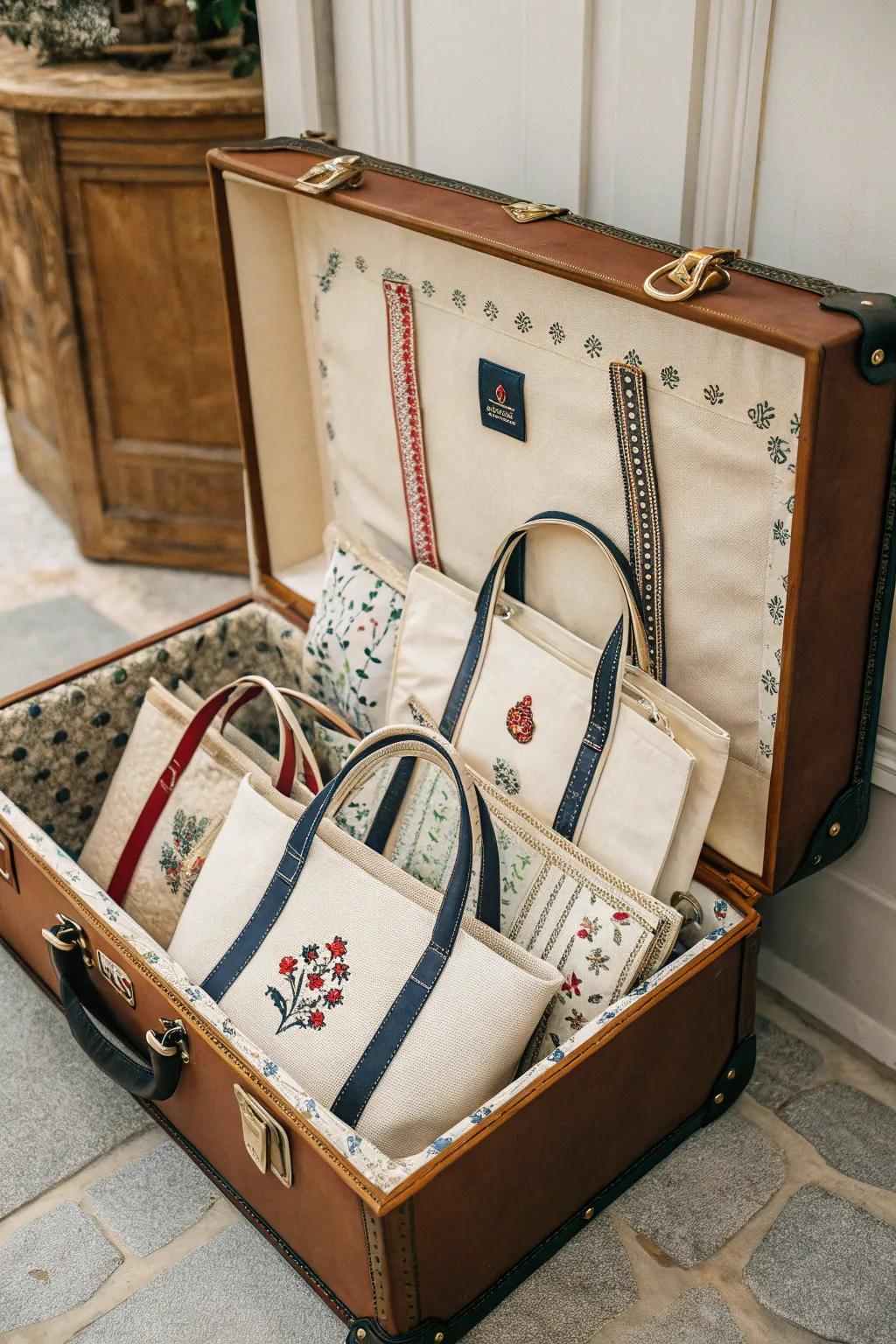 Vintage suitcases provide nostalgic and hidden storage for totes.