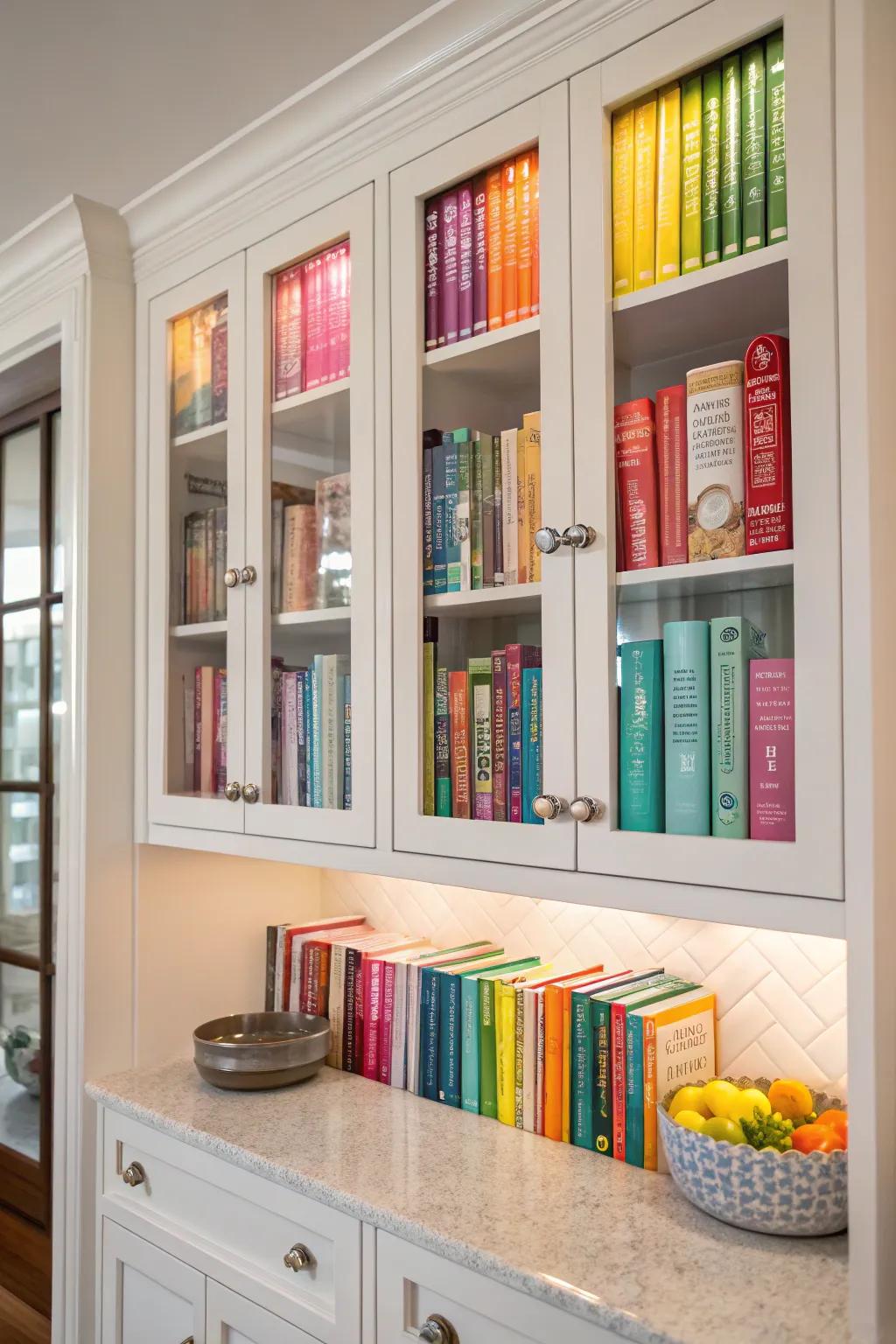 Cookbooks infusing tint and a personalized touch into the cabinets.