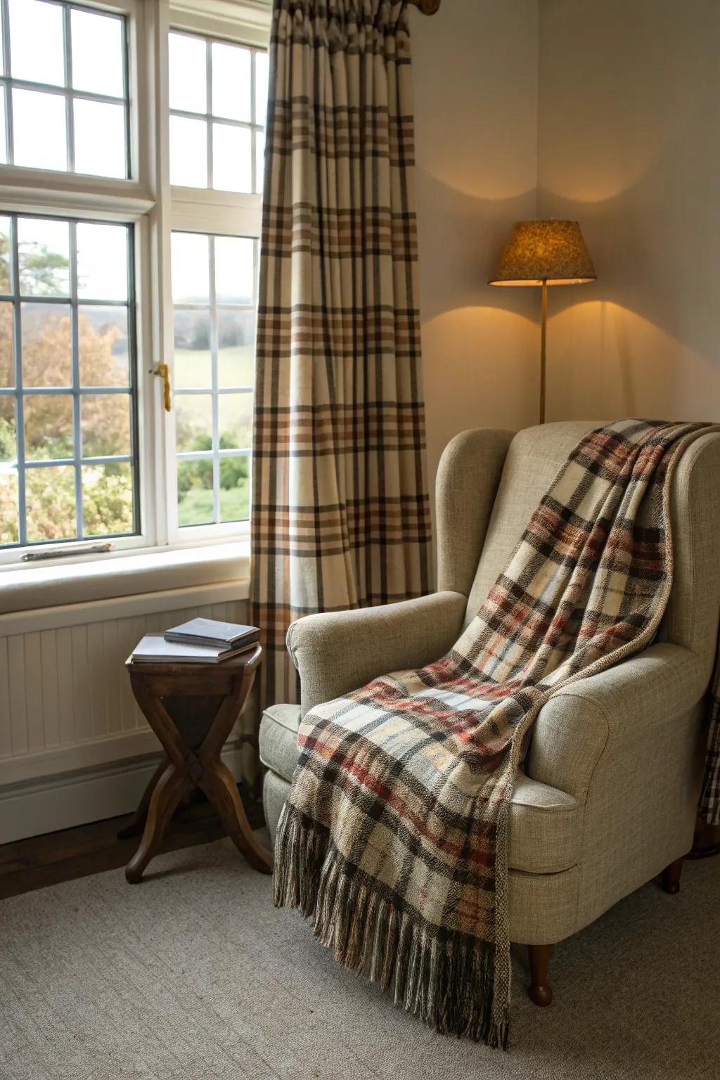 Plaid and tartan fabrics enhance a timeless lodge-inspired charm.