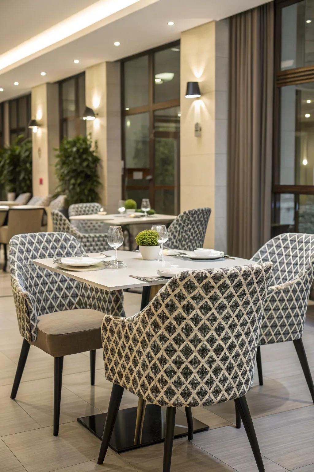 Modern style with geometric patterned chair wraps.