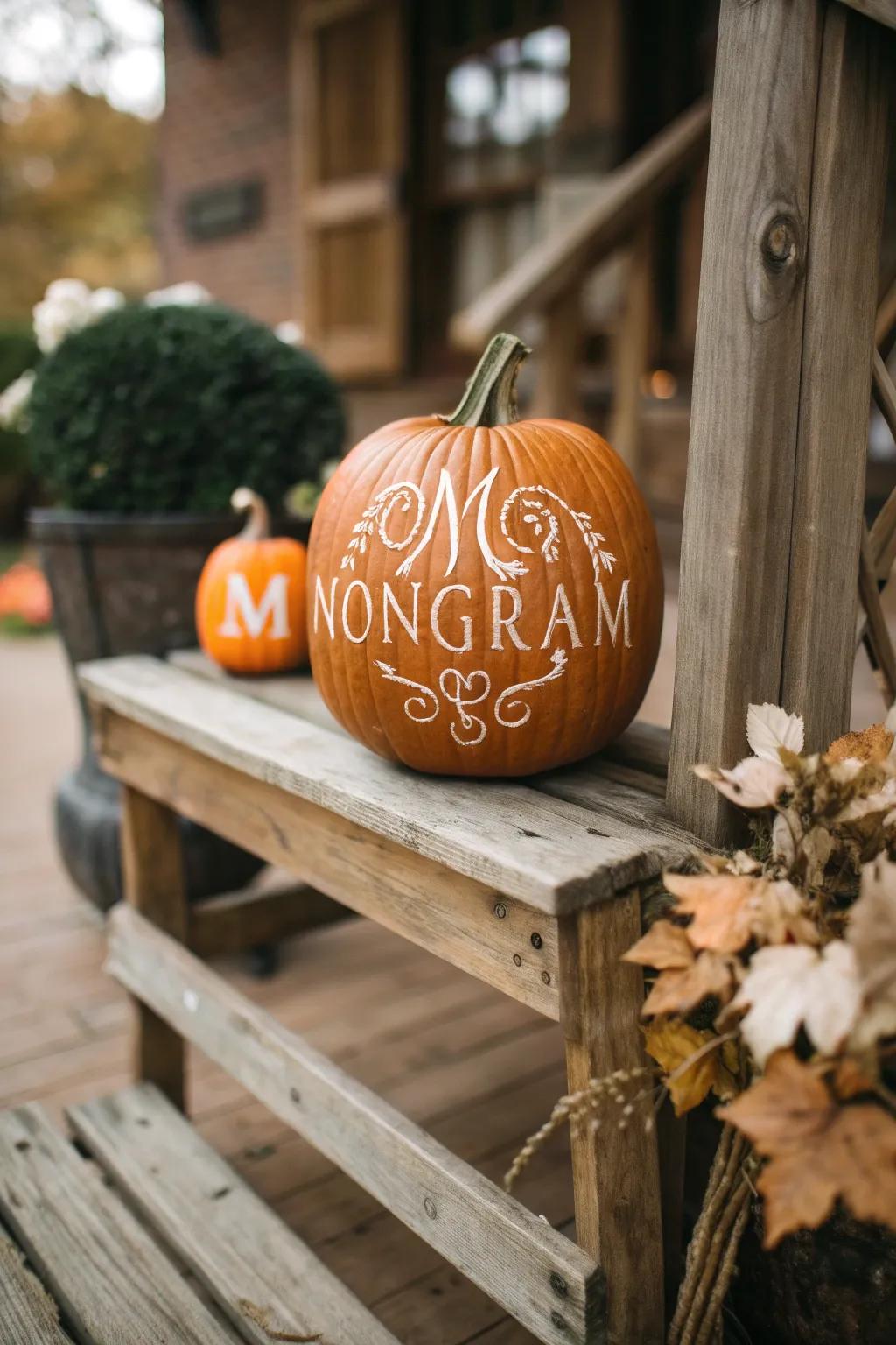 A monogrammed pumpkin adding a personal touch to seasonal decor.