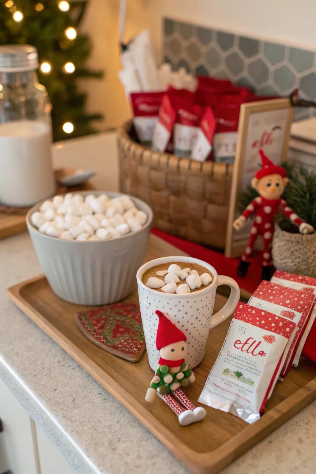 A holiday hot chocolate stand greets the sprite back in style.