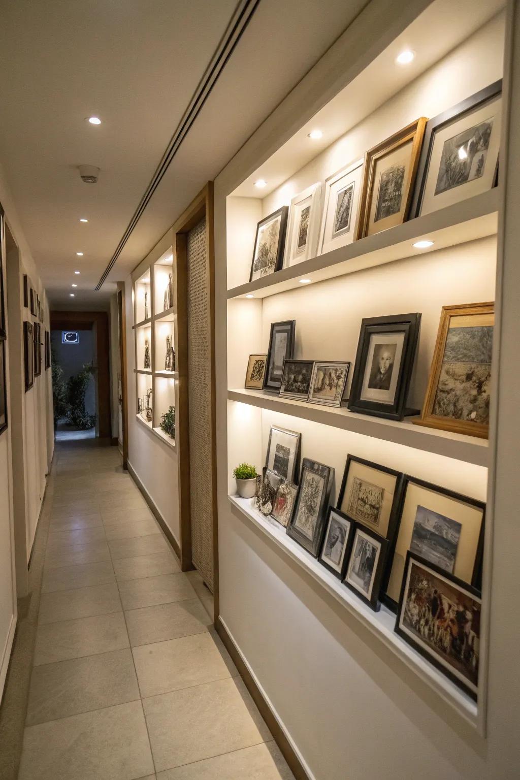 Transform your hallway into a personal gallery with shelves showcasing artwork.