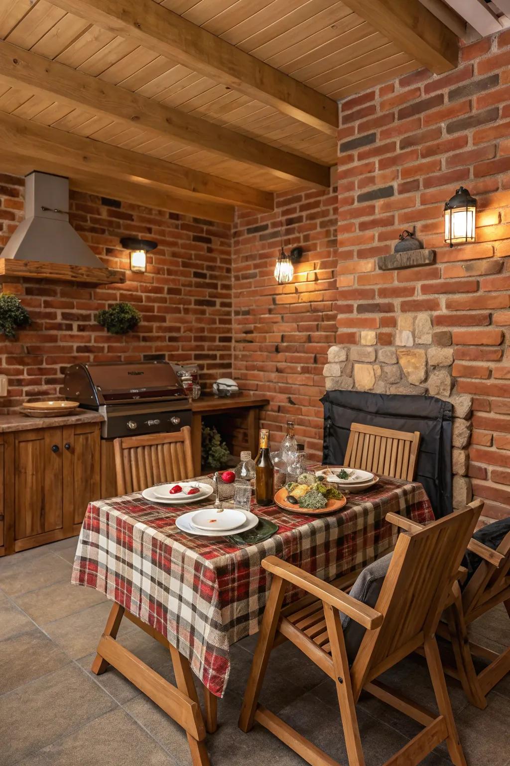 Stone and timber elements bring a cozy, outdoor feel to indoor BBQs.