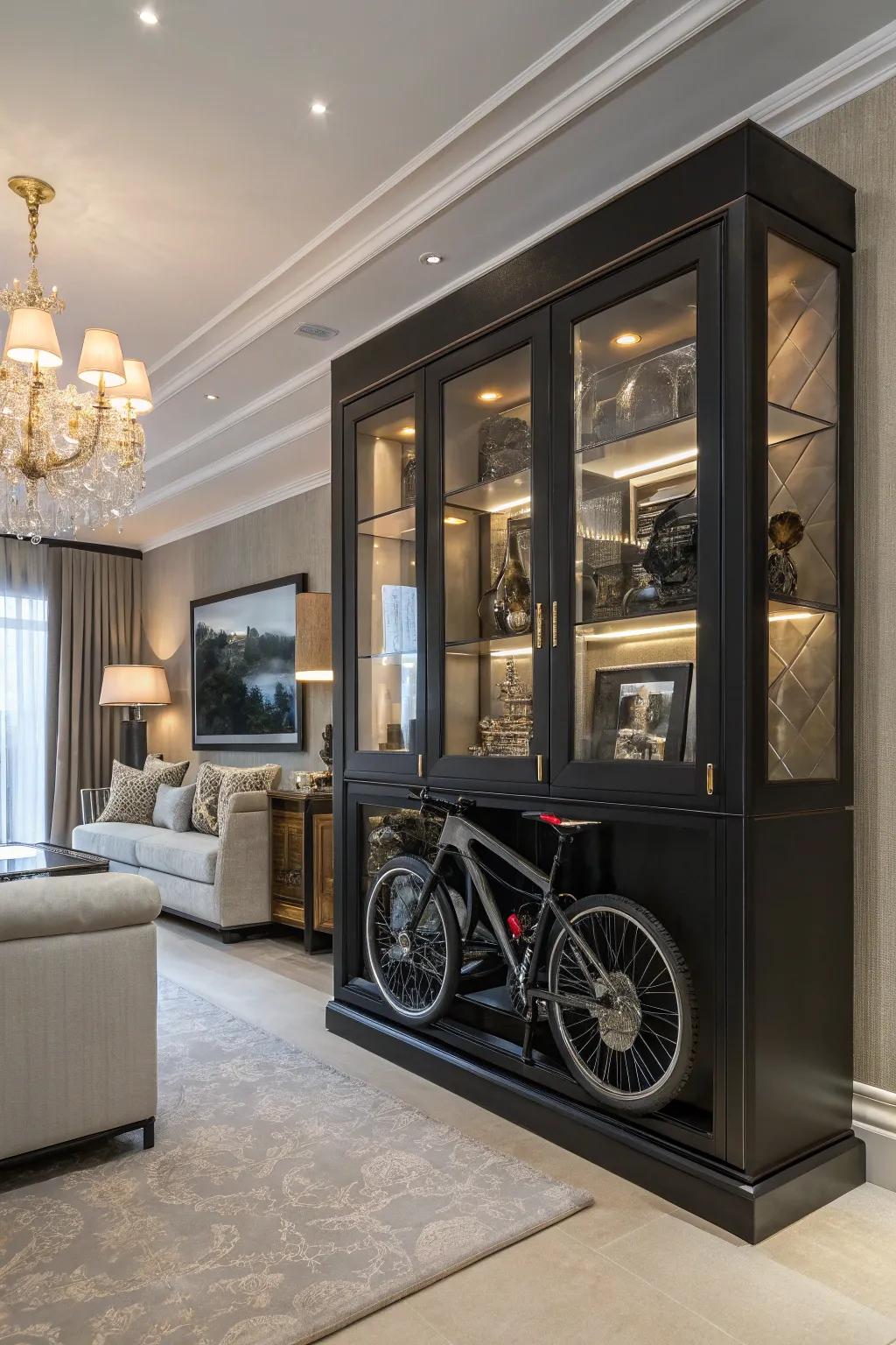 A custom bike cabinet provides a luxurious storage solution.