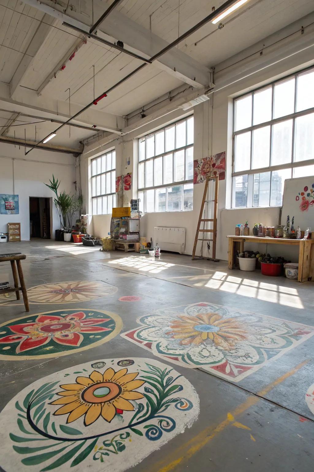 Artistic freehand designs on a concrete floor showcase the unique personality of this art studio.