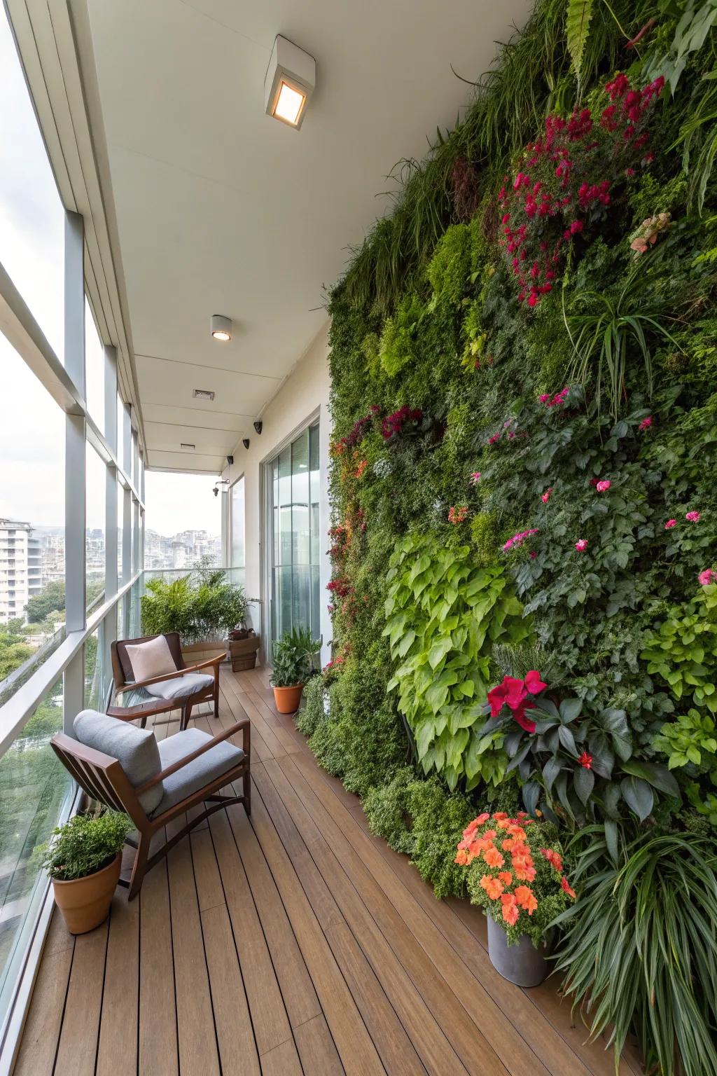 A vertical garden adds a lush, green touch to this indoor deck.