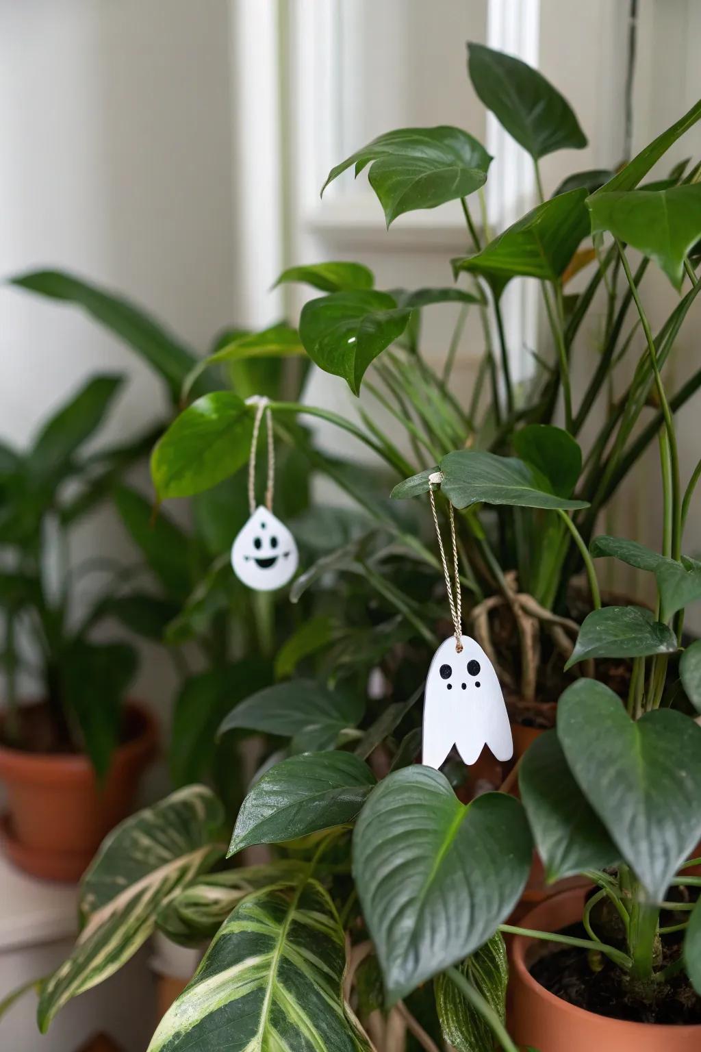Eerie indoor plants adorned for Halloween.