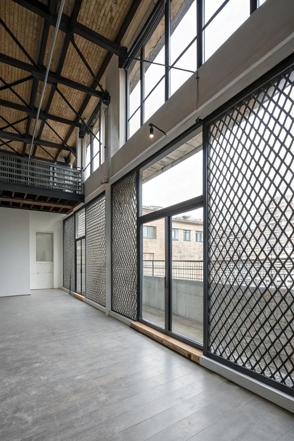 Metallic lattice wall furnishing an industrial edge to the loft's ambiance.