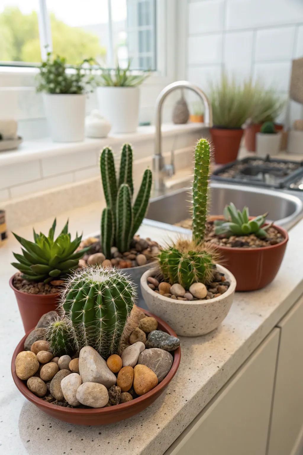 Cacti and stones introduce a desert vibe inside.