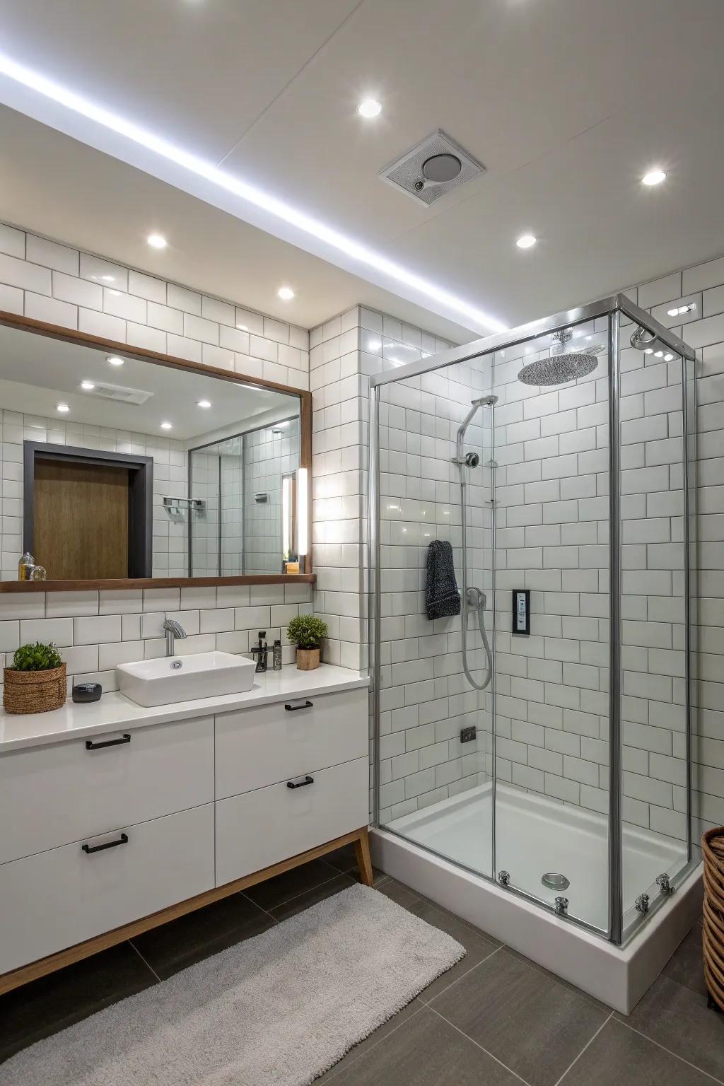 Restroom featuring polished LED waterproof lighting