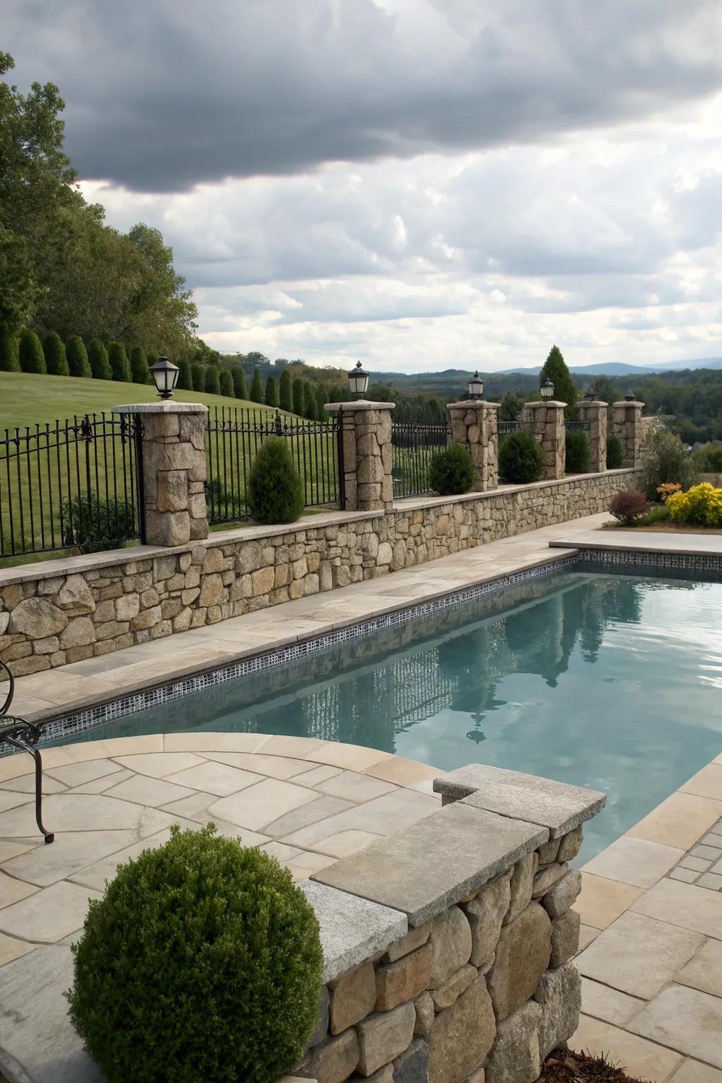 Stone walls offer a dramatic and durable poolside perimeter.
