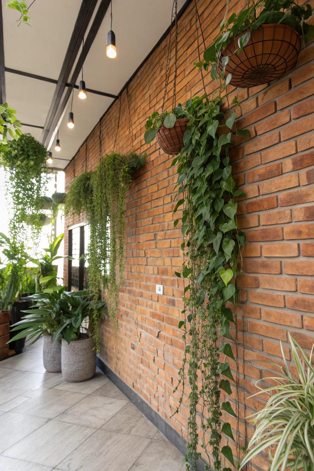 An indoor garden oasis with a brick wall adorned with hanging plants, creating a tranquil retreat.