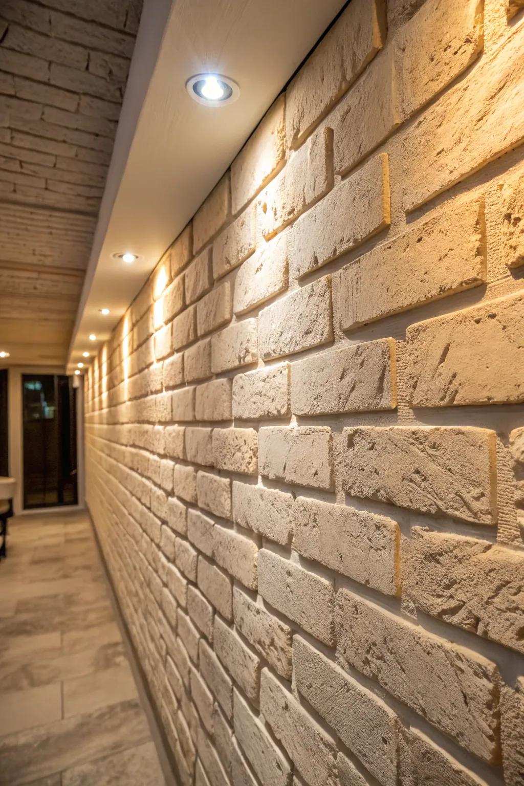 Plaster creates a rustic brick effect on a cinder block wall.