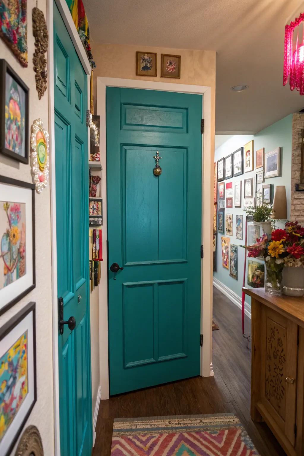 Ocean blue doors adding mystery and charm.