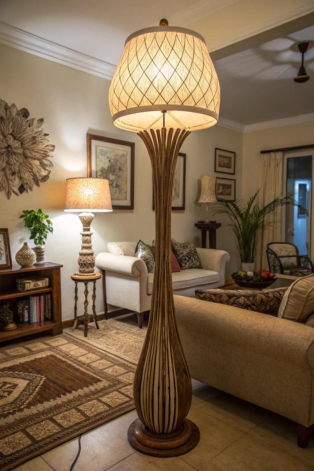 An oversized standing light creating a statement within a living space.