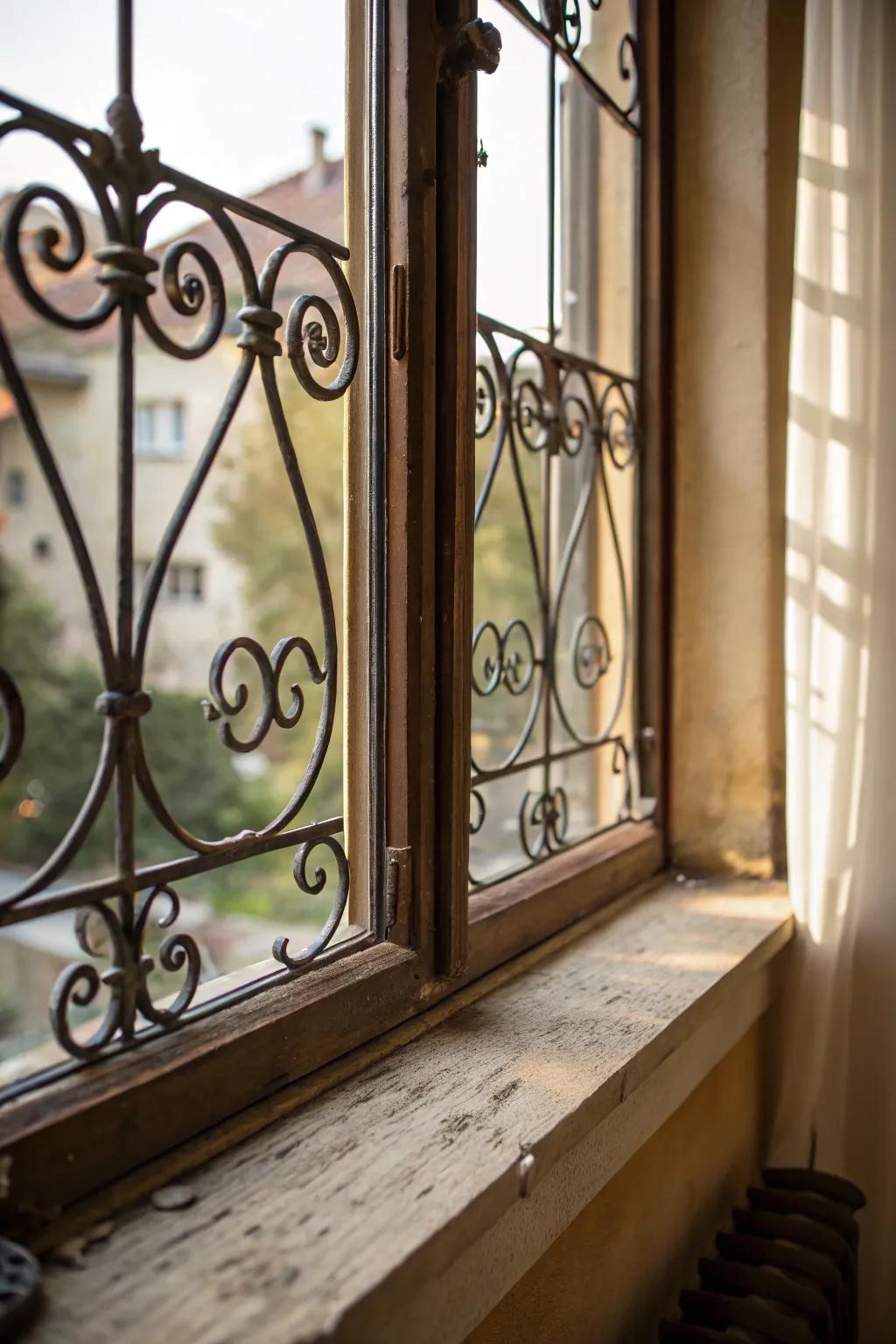 A window sill featuring wrought iron details, adding vintage elegance to the decor.